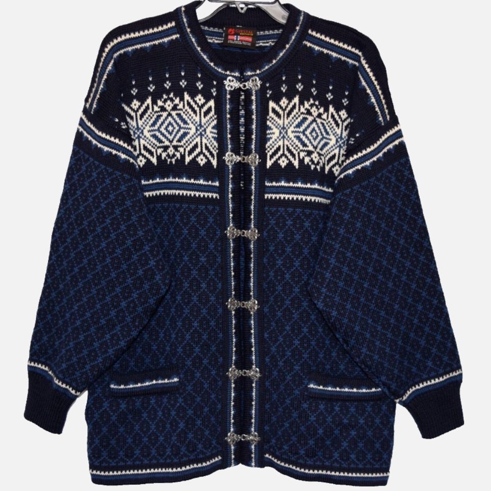 Gjestal Exclusive 100% Norwegian Wool Nordic Fair Isle Blue White Cardigan Sz L